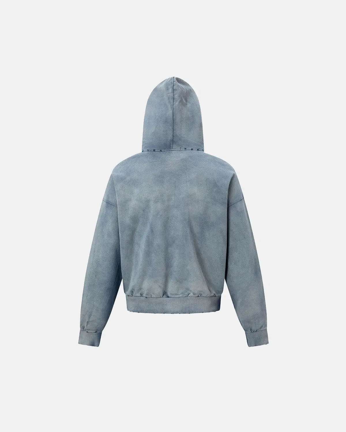 Blue distressed acid wash zip-up hoodie by Flation Streetwear, featuring a casual fit and front zipper detail.