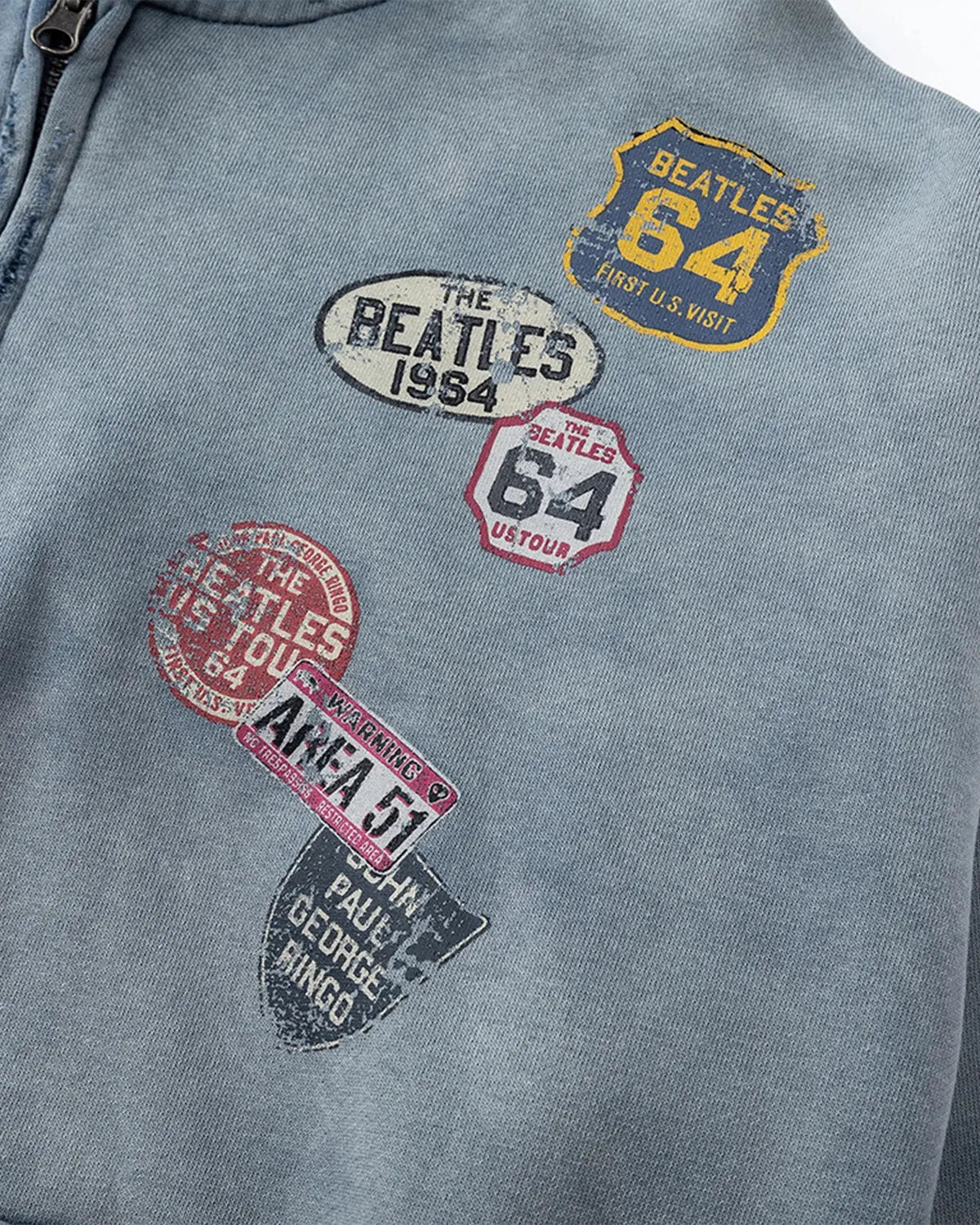 Blue distressed acid wash zip-up hoodie by Flation Streetwear, featuring a casual fit and front zipper detail.