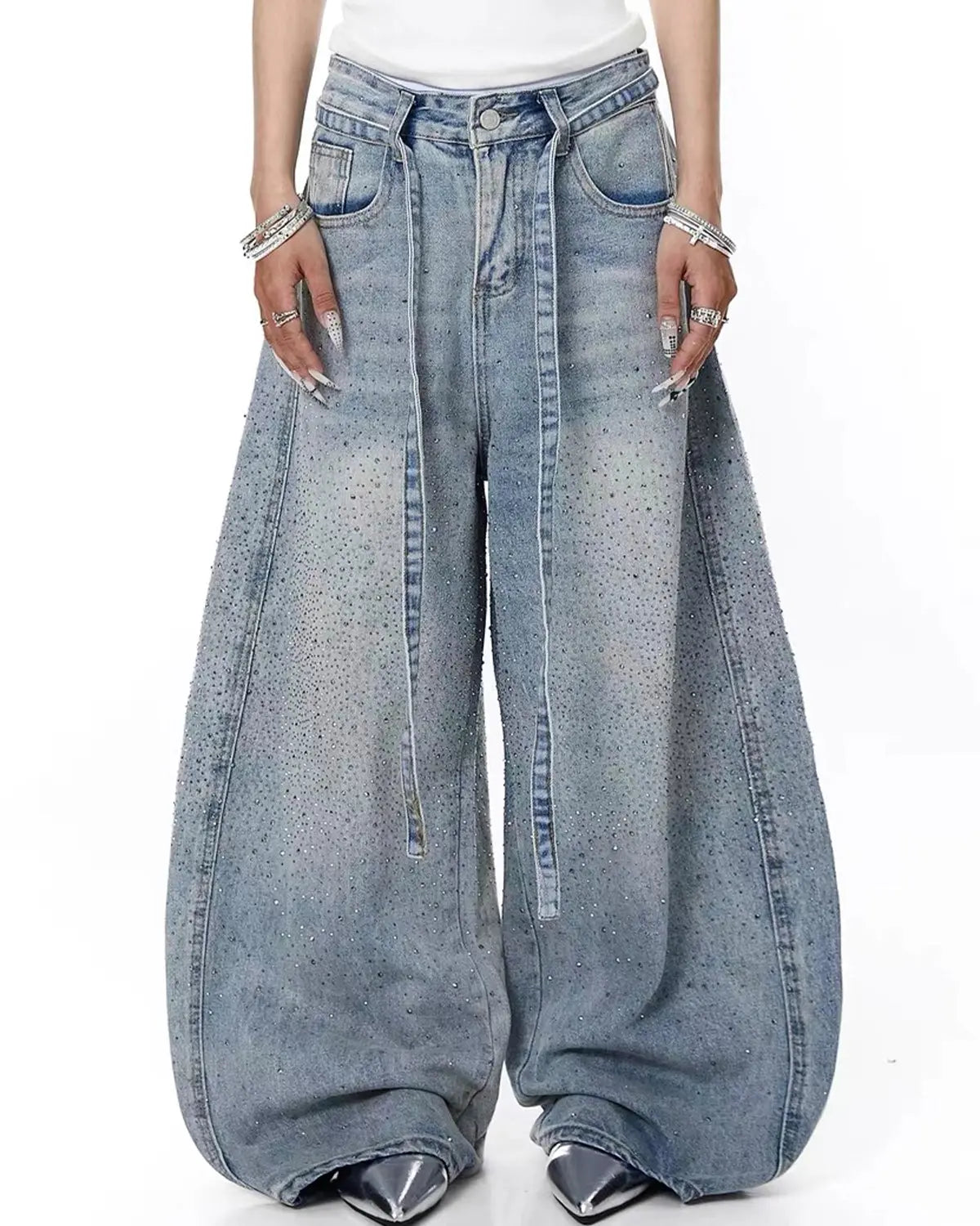 Flation Rhinestone Baggy Barrel Jeans featuring rhinestone embellishments and a loose streetwear fit.