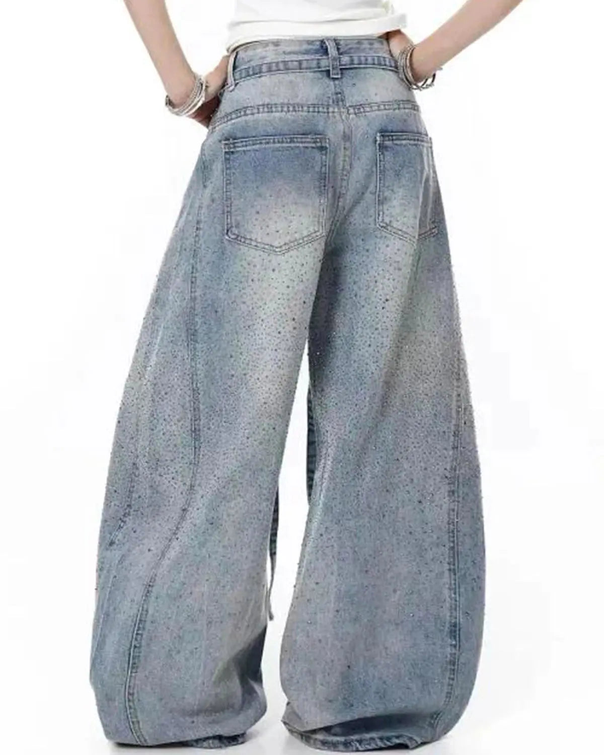 Flation Rhinestone Baggy Barrel Jeans with sparkling rhinestone embellishments, streetwear style, relaxed fit, and trendy design.