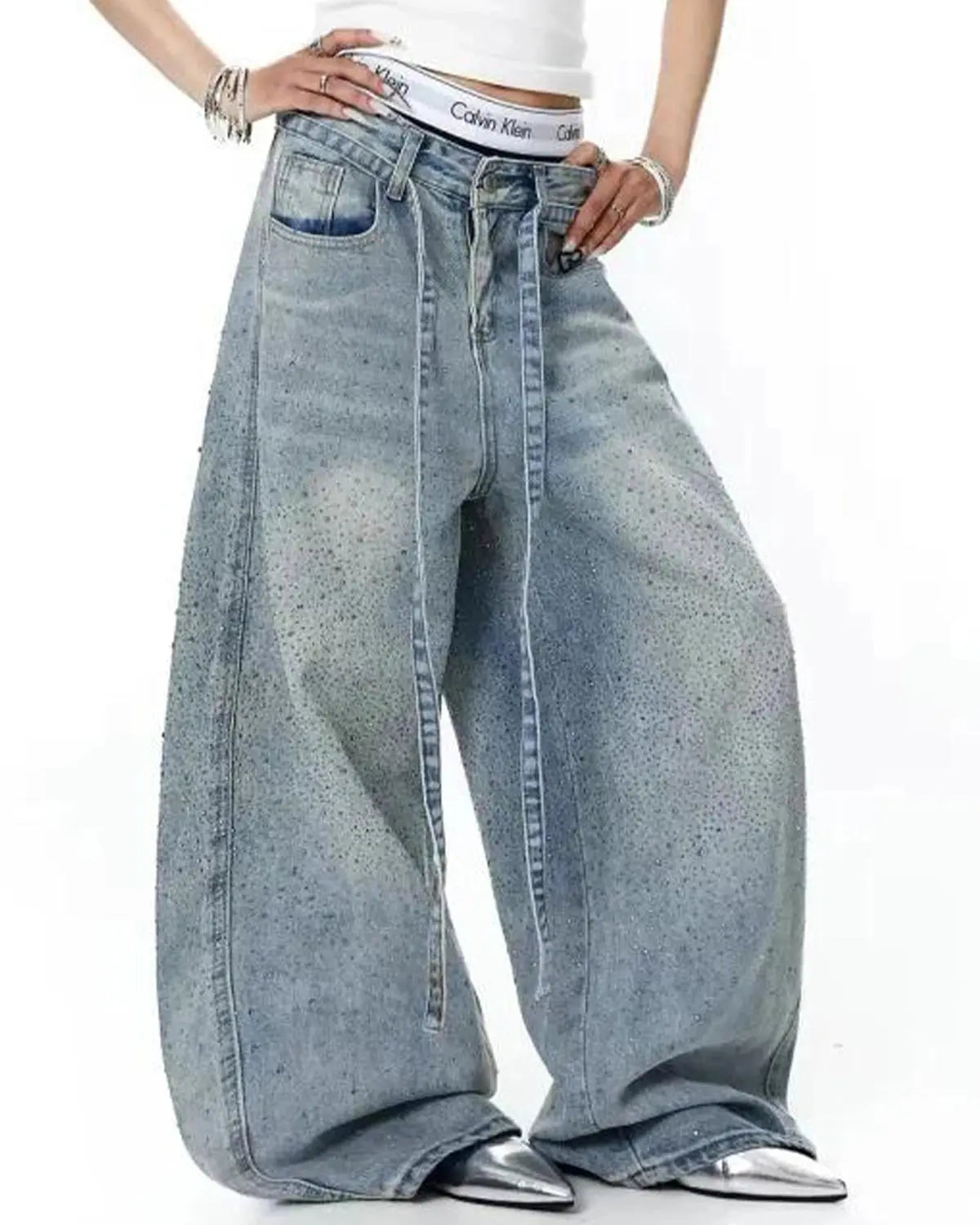 Flation Rhinestone Baggy Barrel Jeans with sparkling rhinestone details and relaxed streetwear style, front view.