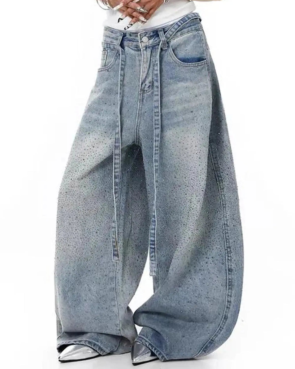 Flation rhinestone baggy barrel jeans featuring sparkling rhinestones, relaxed fit, and streetwear style, shown in dark denim.