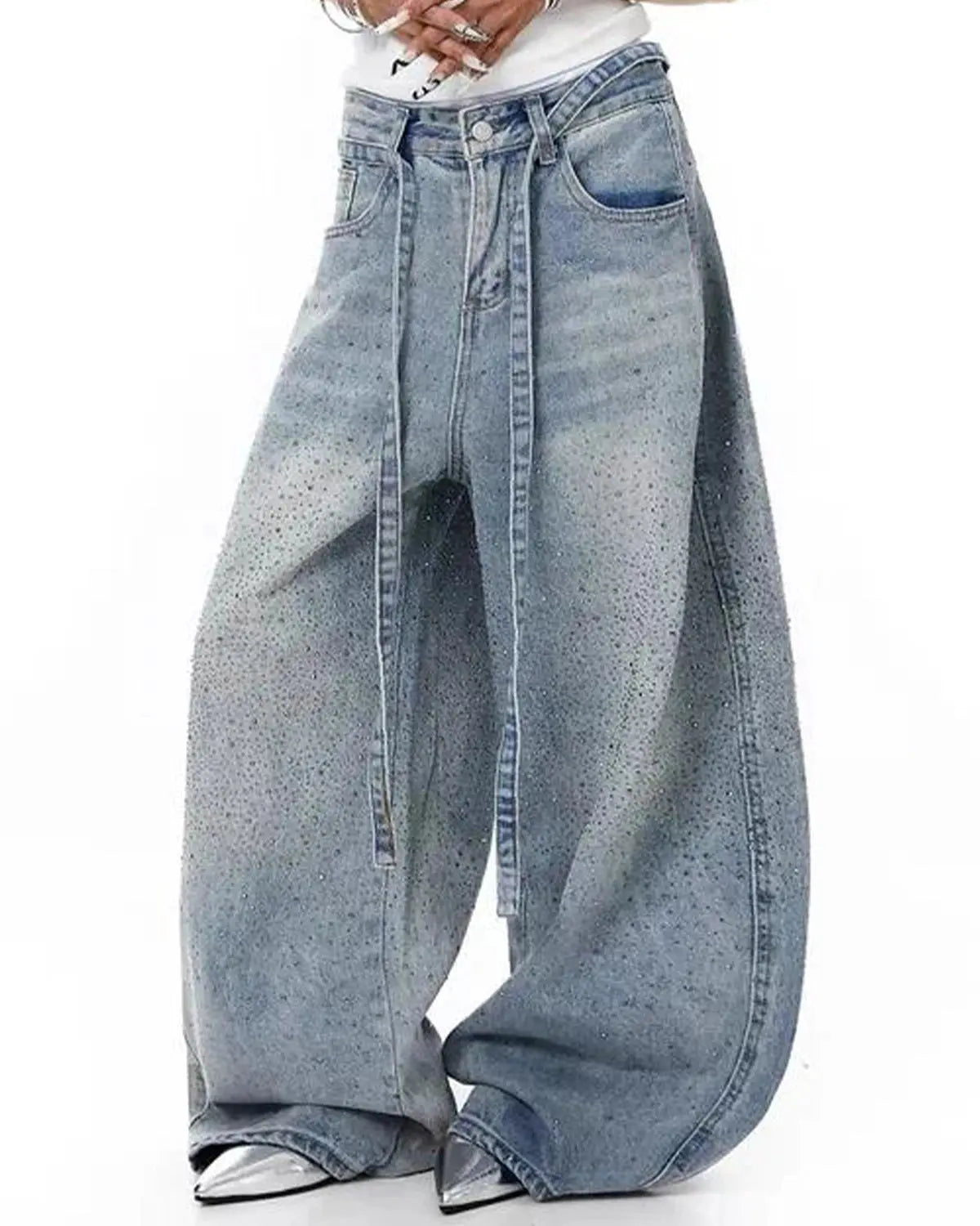 Flation rhinestone baggy barrel jeans featuring sparkling rhinestones, relaxed fit, and streetwear style, shown in dark denim.