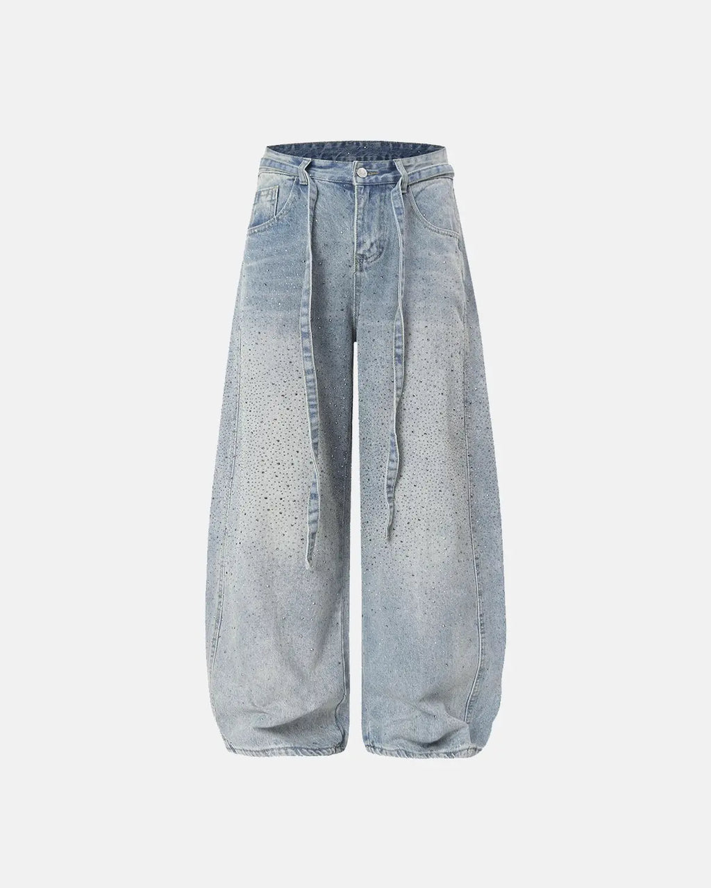 Flation Rhinestone Baggy Barrel Jeans with sparkling rhinestone details, relaxed streetwear style, and loose fit.
