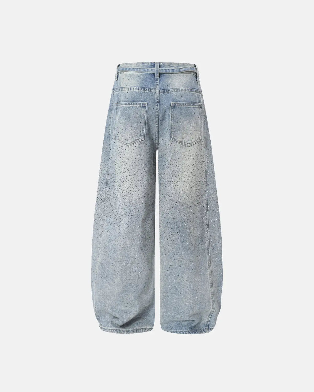 Flation rhinestone baggy barrel jeans with rhinestone embellishments, relaxed streetwear fit, front pockets, and faded denim wash.