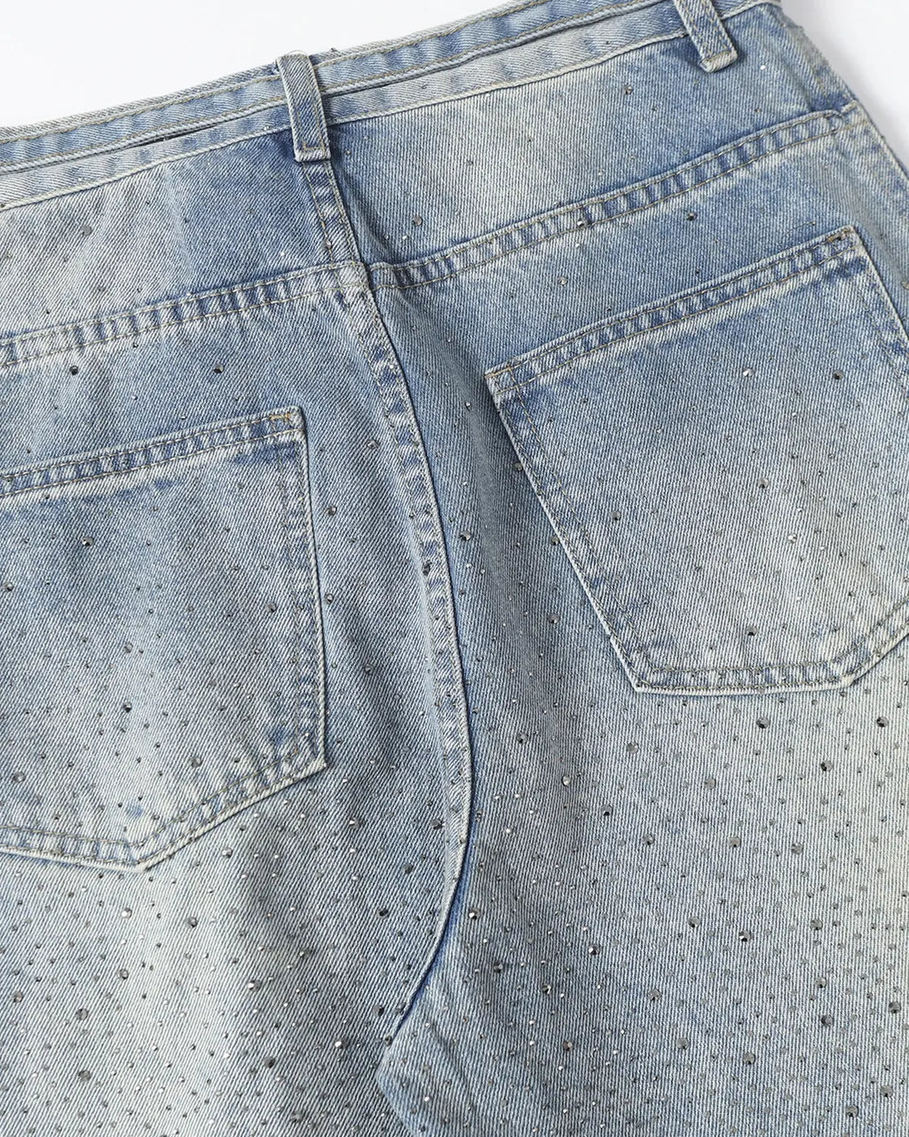 Flation Rhinestone Baggy Barrel Jeans with sparkling embellishments, streetwear style and relaxed fit, shown on a model.