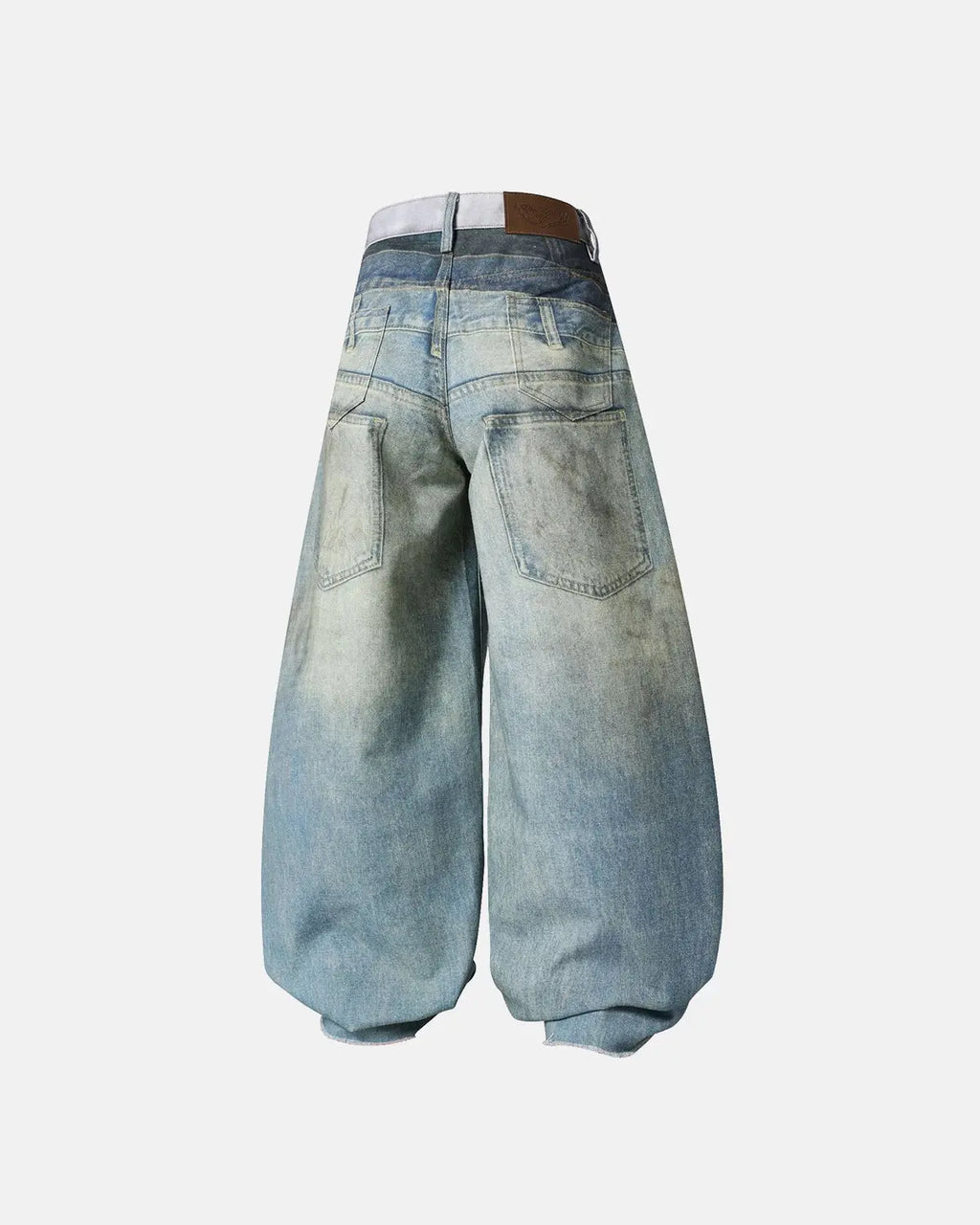 Blue Flation streetwear 3D print multi-waist barrel jeans with unique design and relaxed fit, showing detailed fabric and style.