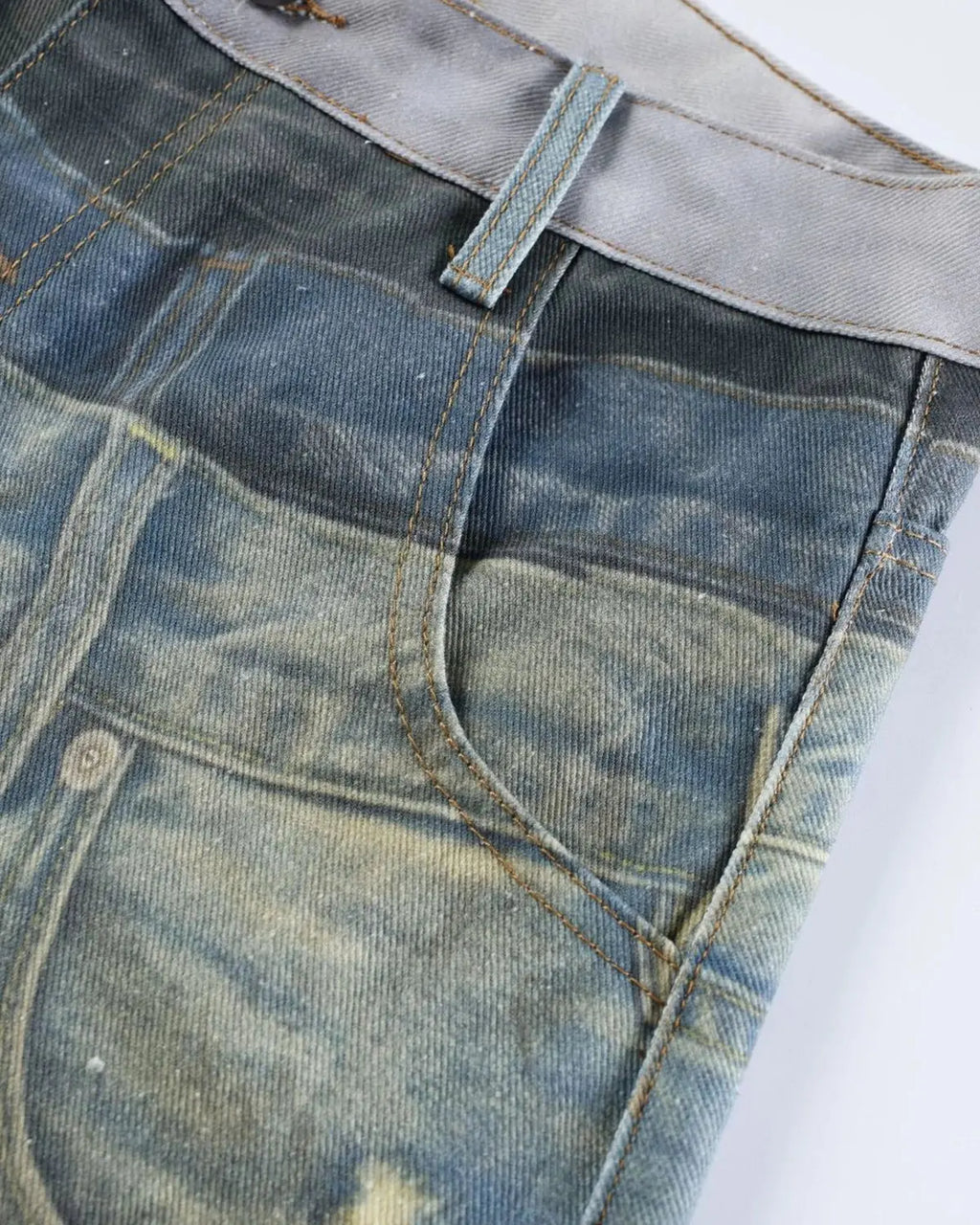 Blue 3D print multi-waist barrel jeans by Flation Streetwear, featuring a stylish, oversized denim design with unique multi-waist detailing.