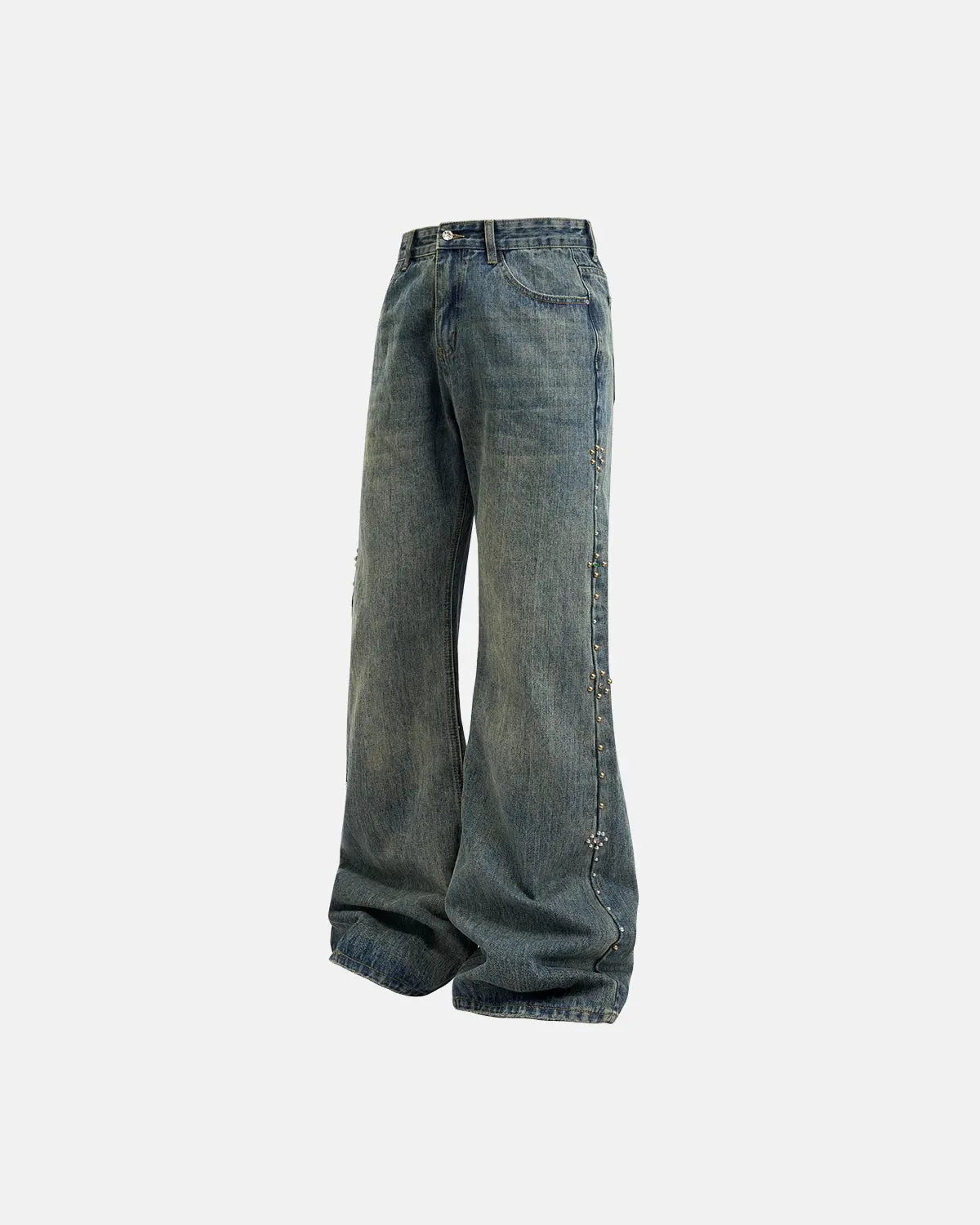 Blue acid wash beaded and studded flared baggy jeans by Flation Streetwear, showcasing relaxed fit and detailed embellishments.