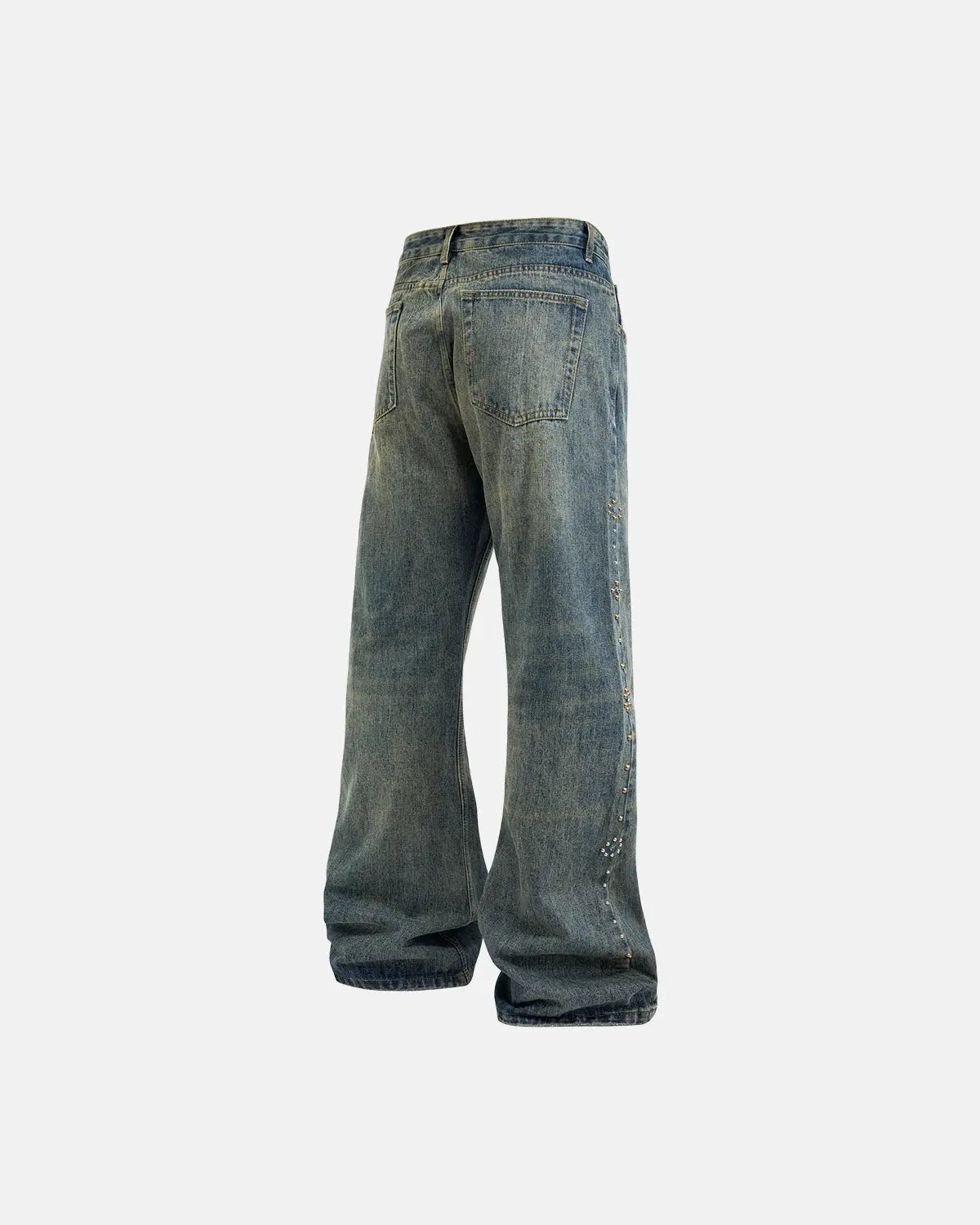 Blue acid wash beaded studded flared baggy jeans from Flation Streetwear, showing the distressed denim with decorative beads and studs.