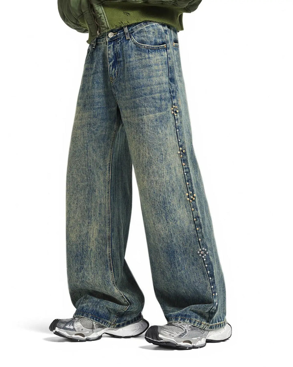 Blue acid wash beaded studded flared baggy jeans by Flation, featuring streetwear style with detailed embellishments.