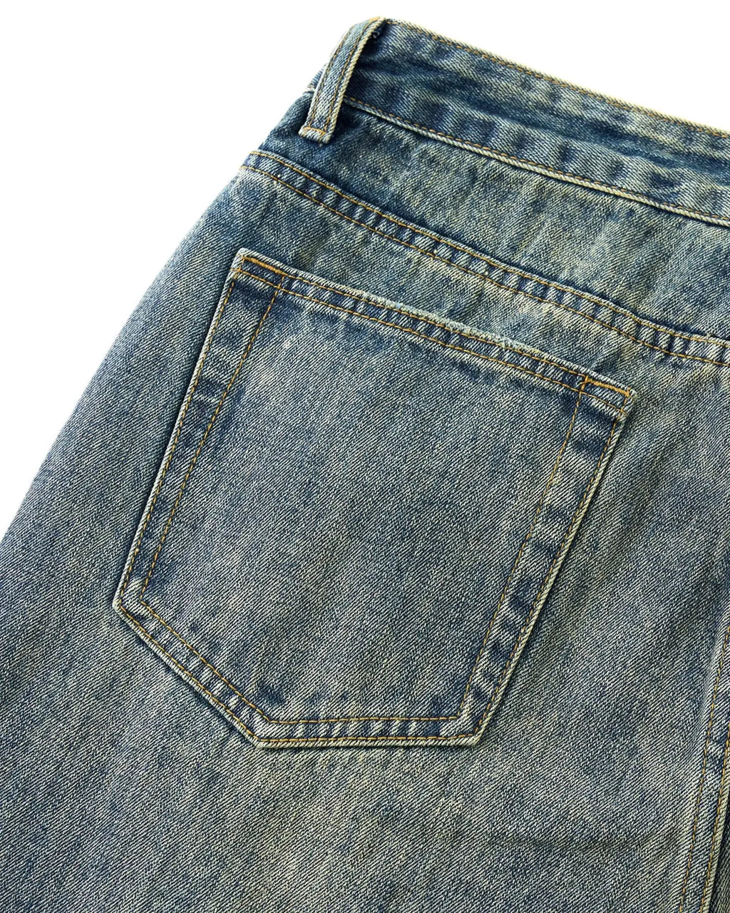 Blue acid wash beaded studded flared baggy jeans by Flation Streetwear, showcasing relaxed fit and decorative details.
