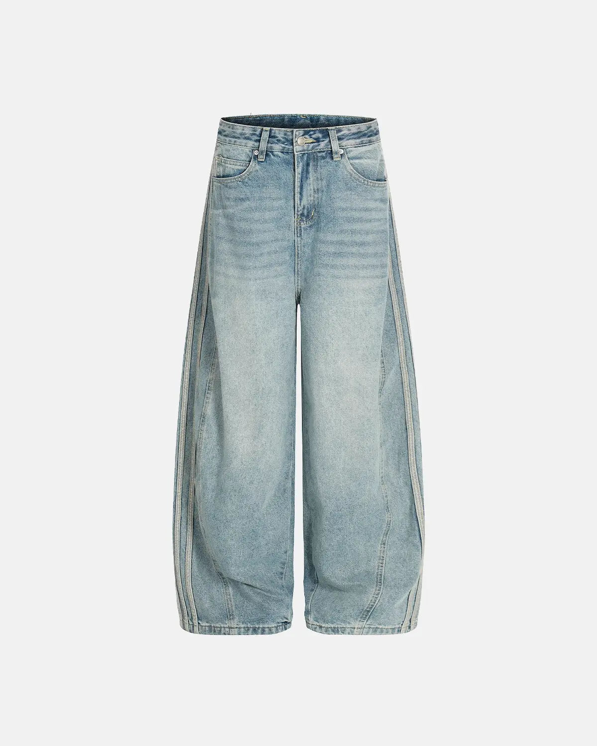 Blue acid wash striped side baggy jeans by Flation Streetwear, featuring relaxed fit and casual streetwear style.