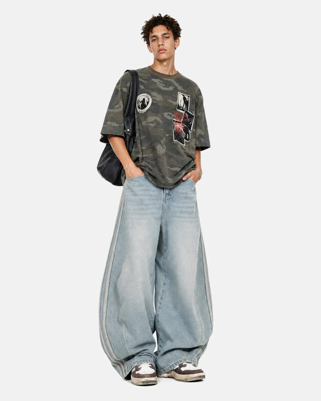 Blue acid wash striped side baggy jeans by Flation Streetwear, featuring relaxed fit and stylish side stripe details.