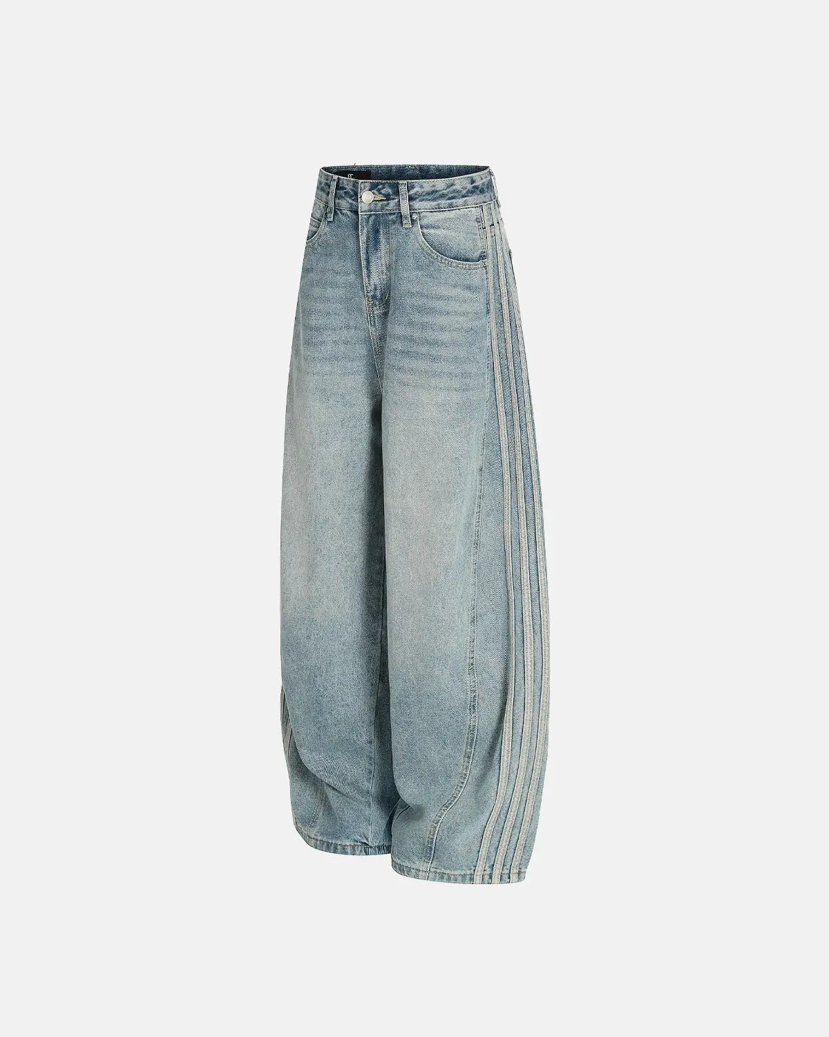 Blue acid wash striped side baggy jeans by Flation Streetwear, relaxed fit with stylish side stripes and casual street style.