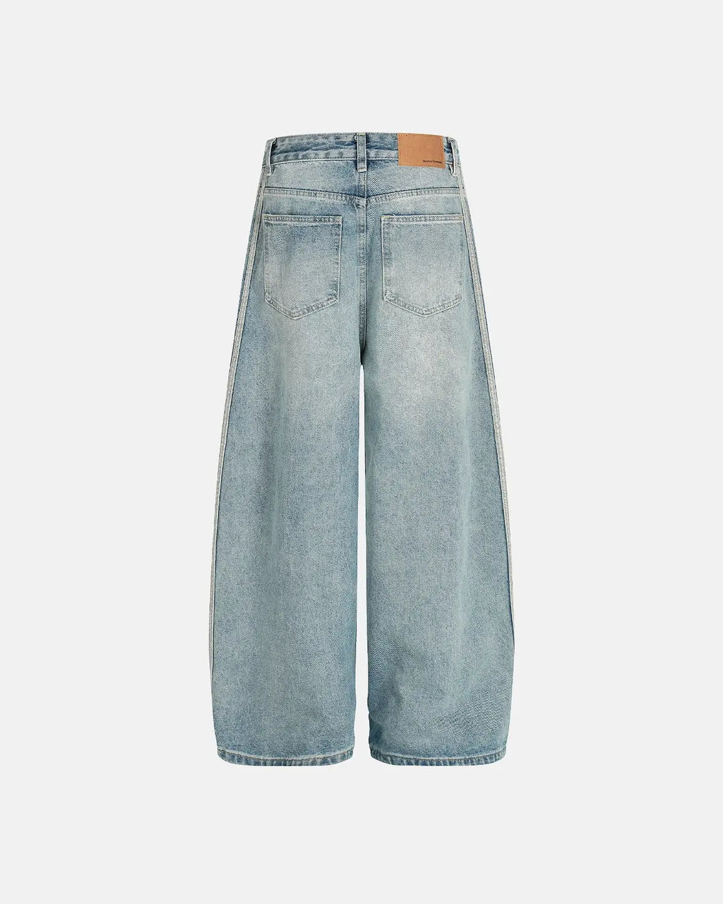 Blue acid wash striped side baggy jeans by Flation Streetwear, showcasing relaxed fit and trendy streetwear style.