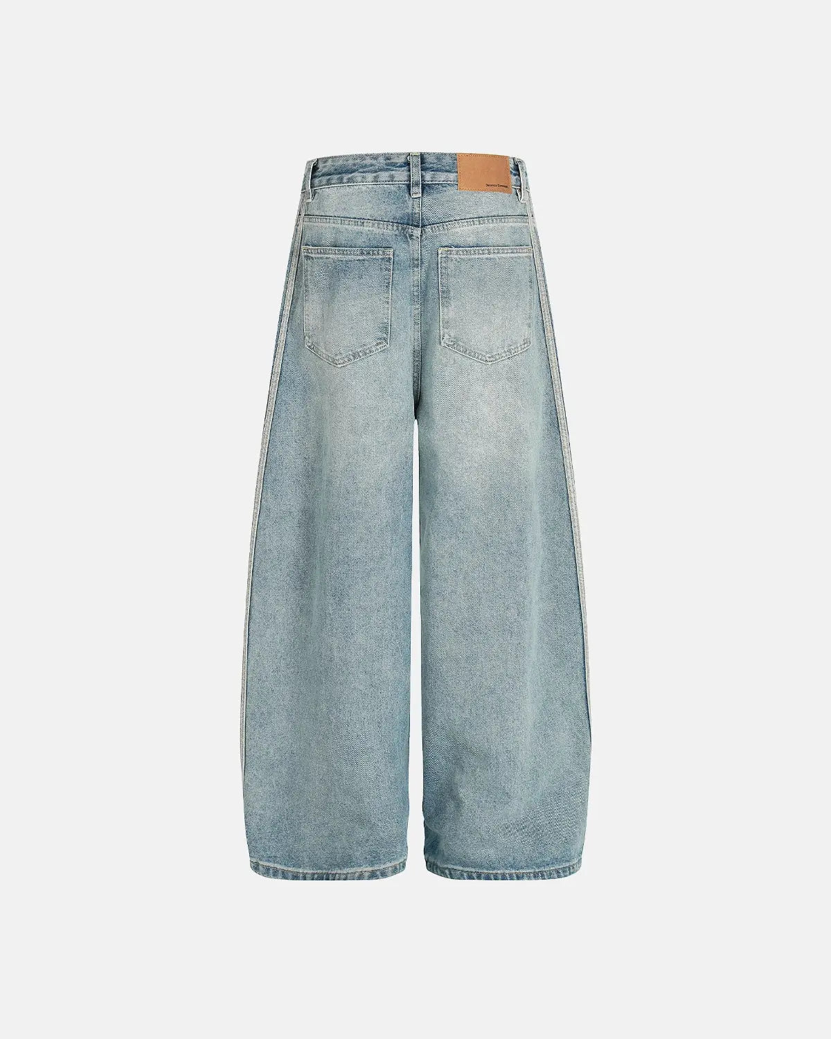 Blue acid wash striped side baggy jeans by Flation Streetwear, showcasing relaxed fit and trendy streetwear style.
