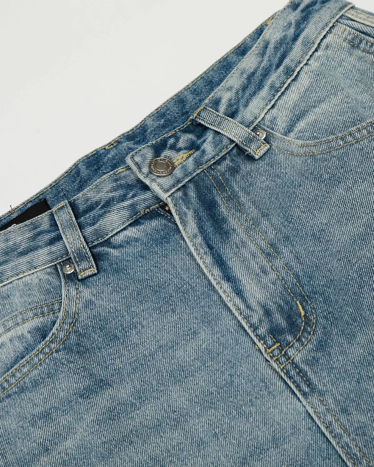 Blue acid wash striped side baggy jeans by Flation Streetwear, featuring relaxed fit and stylish design details.