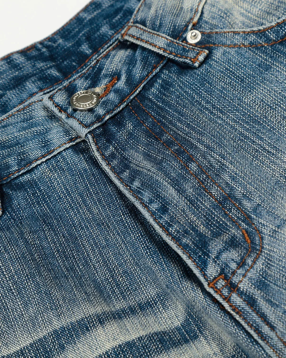 Blue acid wash whisker bamboo weave jeans by Flation Streetwear, featuring a relaxed fit and textured denim design.