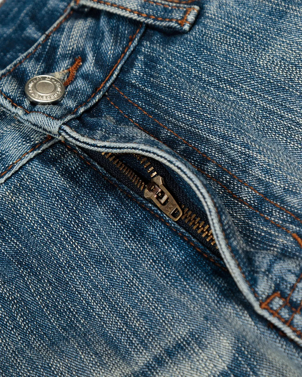 Blue acid wash whisker bamboo weave jeans by Flation Streetwear, showcasing distressed denim with a relaxed fit and unique bamboo texture.