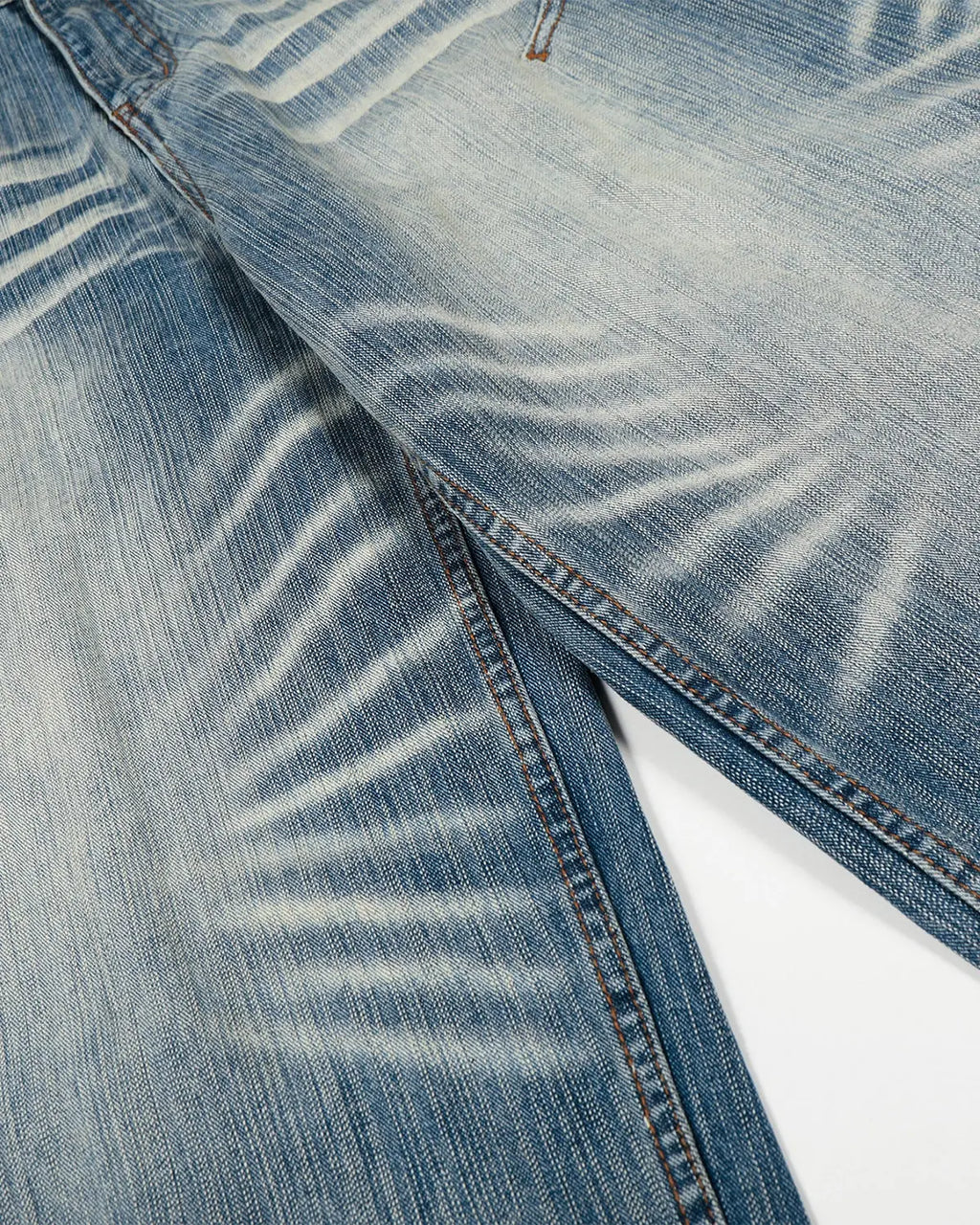 Flation Blue Acid Wash Whisker Bamboo Weave Jeans featuring distressed detailing and relaxed fit in streetwear style