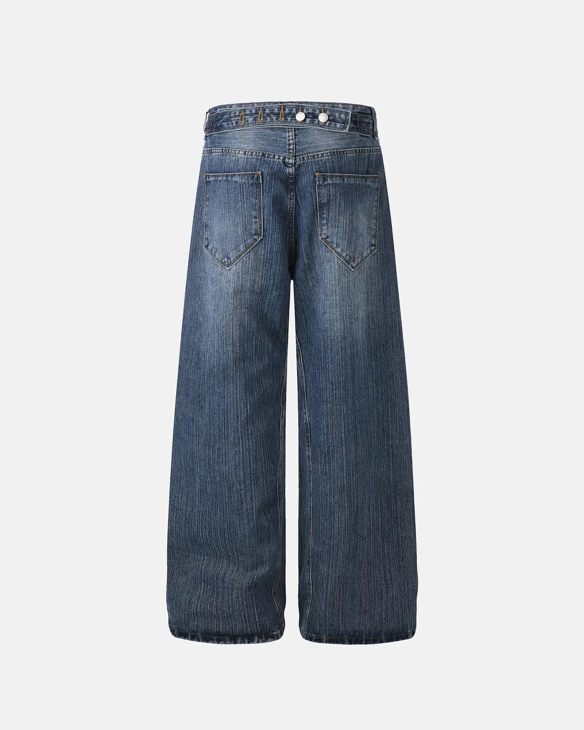 Flation blue adjustable waist bamboo weave baggy jeans featuring relaxed fit and streetwear style, with visible bamboo pattern and casual design.