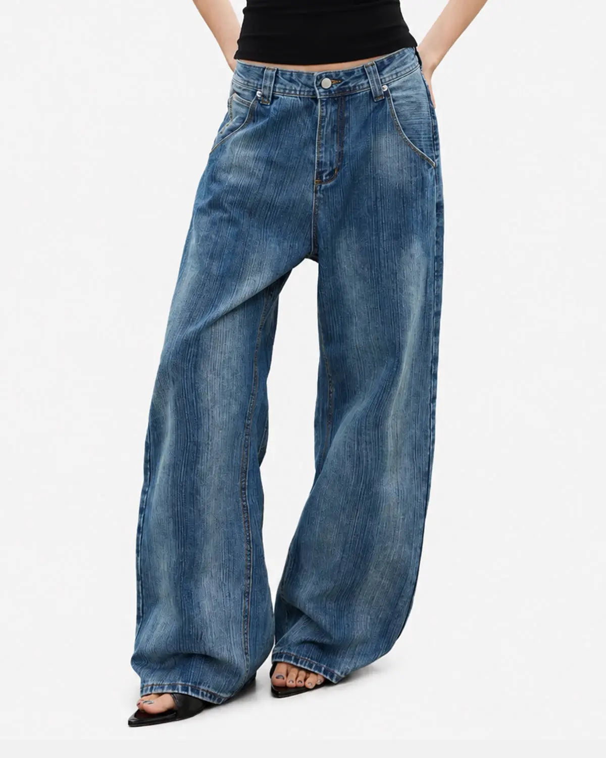 Blue Flation streetwear baggy jeans with adjustable waist and bamboo weave fabric, relaxed fit and casual style.