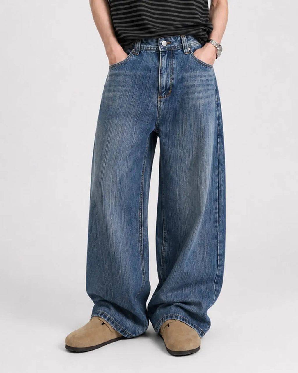 Blue Flation streetwear baggy jeans with adjustable waist and bamboo weave fabric, relaxed fit and casual style.