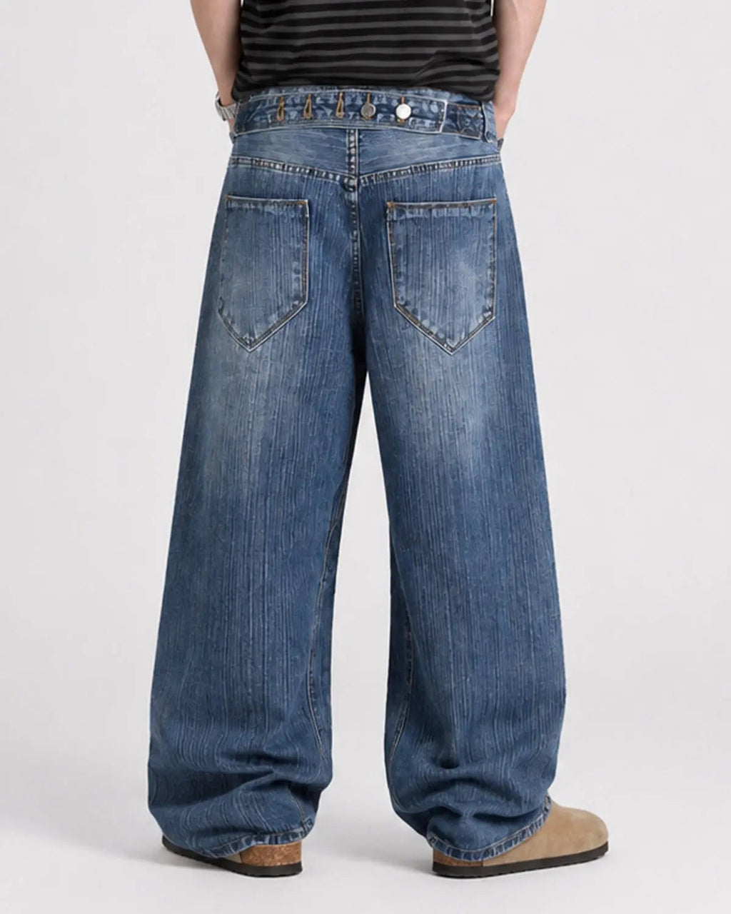 Blue Flation streetwear baggy jeans with adjustable waistband and bamboo weave fabric, relaxed fit, casual style.