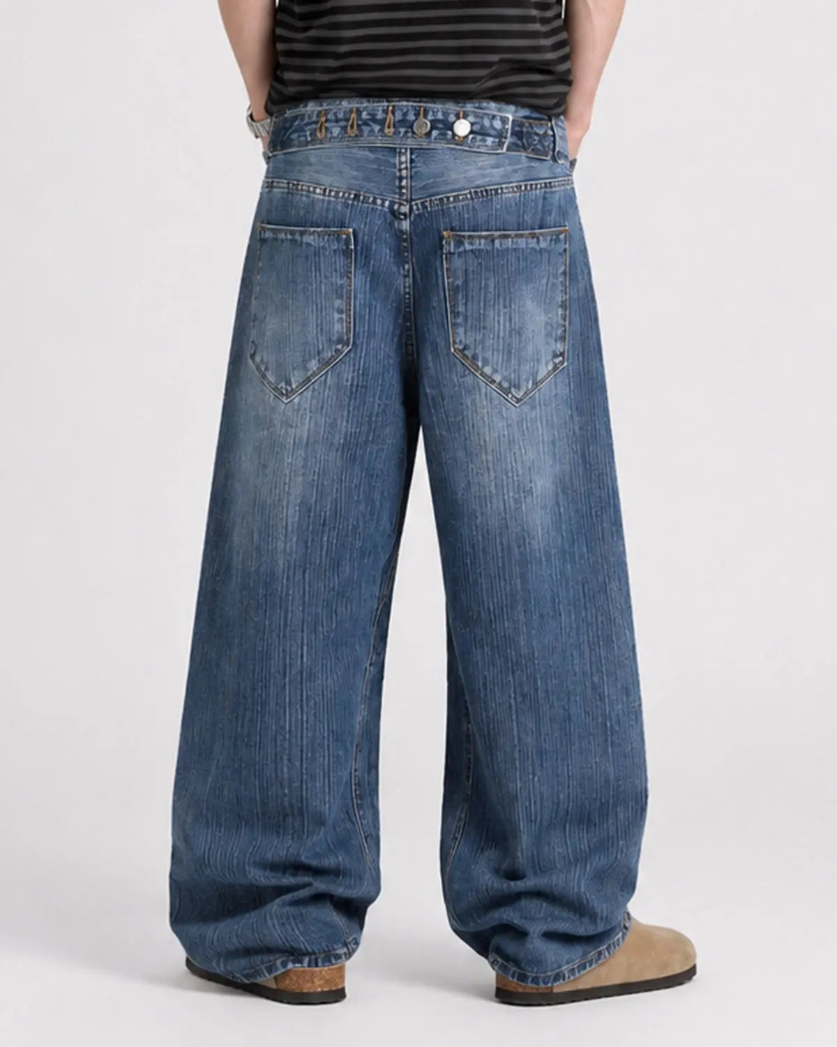 Blue Flation streetwear baggy jeans with adjustable waistband and bamboo weave fabric, relaxed fit, casual style.
