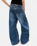 Blue Flation streetwear baggy jeans with adjustable waist and bamboo weave design, relaxed fit and stylish for casual wear.