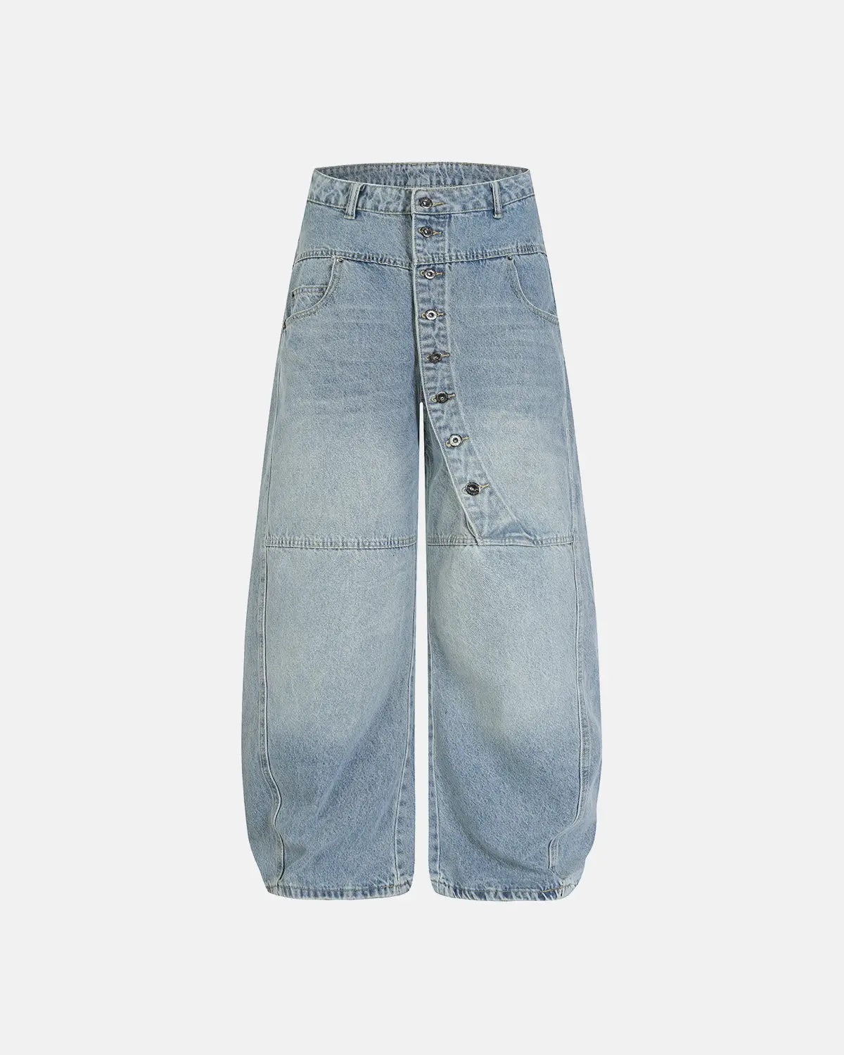 Blue Flation streetwear asymmetric button baggy jeans with relaxed fit and distinctive front button design.