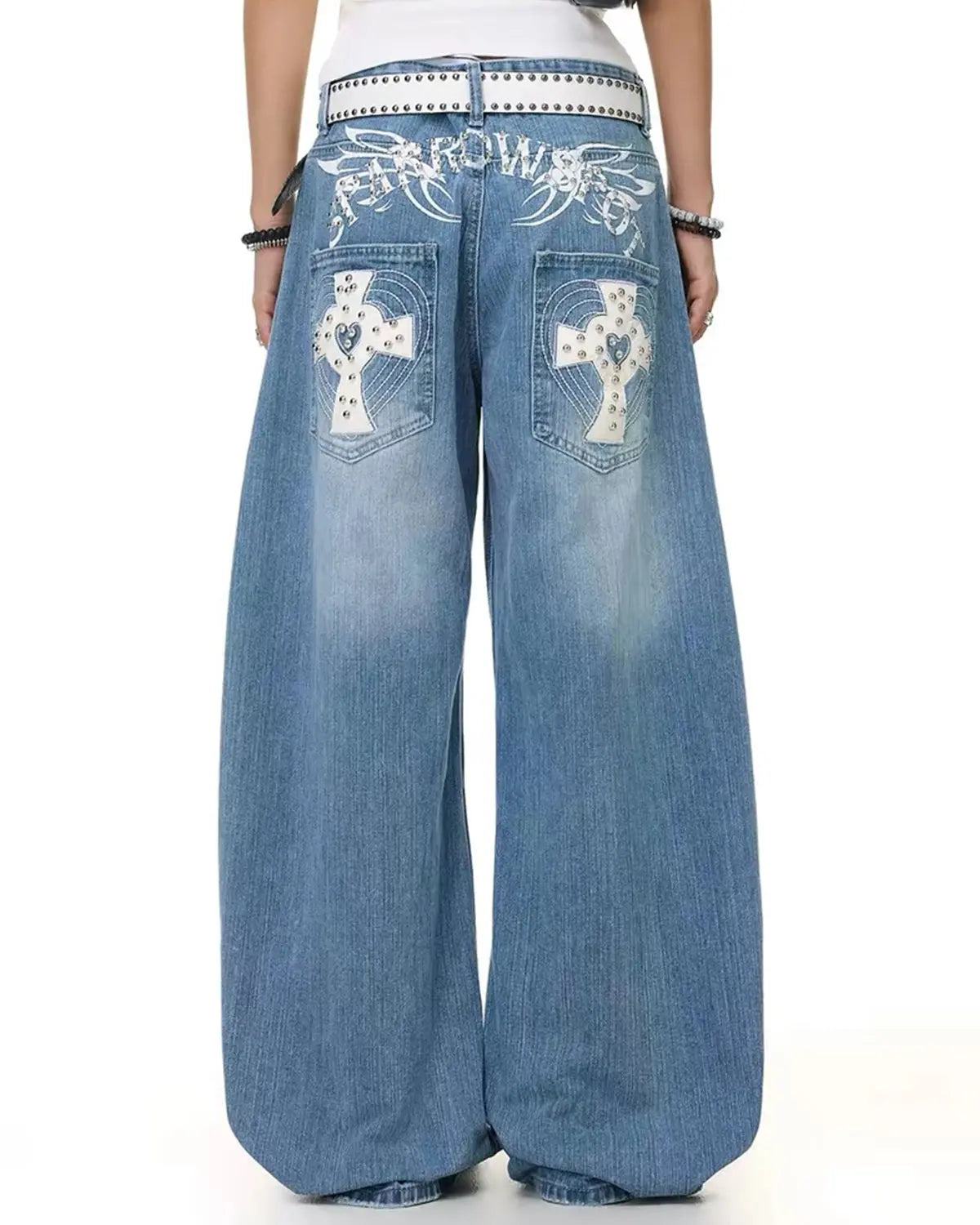 Blue Cross Stud Bamboo Weave Baggy Jeans by Flation Streetwear, showcasing relaxed fit with bamboo-inspired textile details.