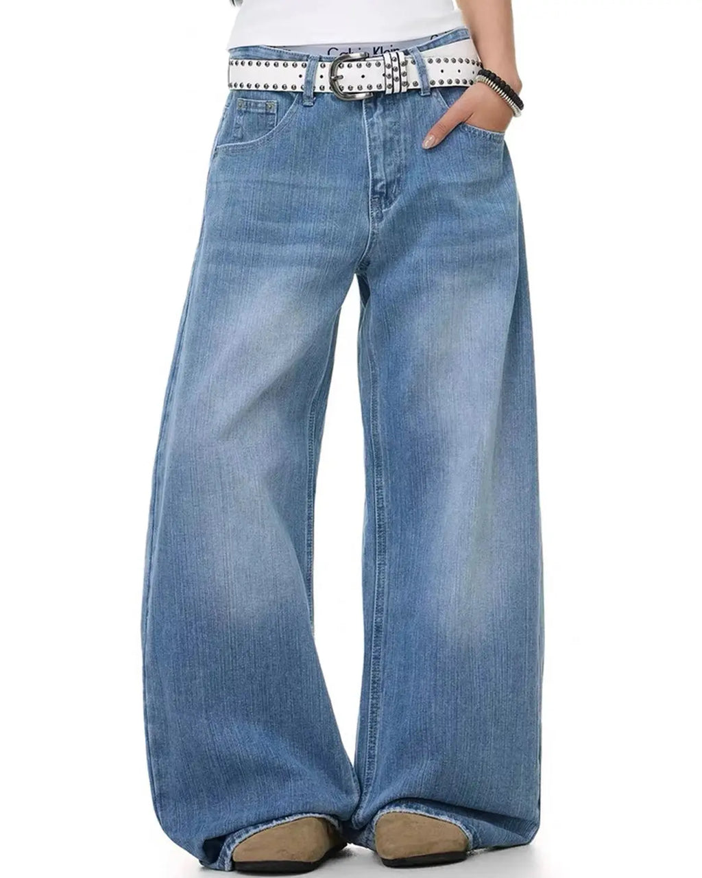 Blue Flation Cross Stud Bamboo Weave Baggy Jeans with relaxed fit and streetwear style, featuring distinctive bamboo-inspired design.