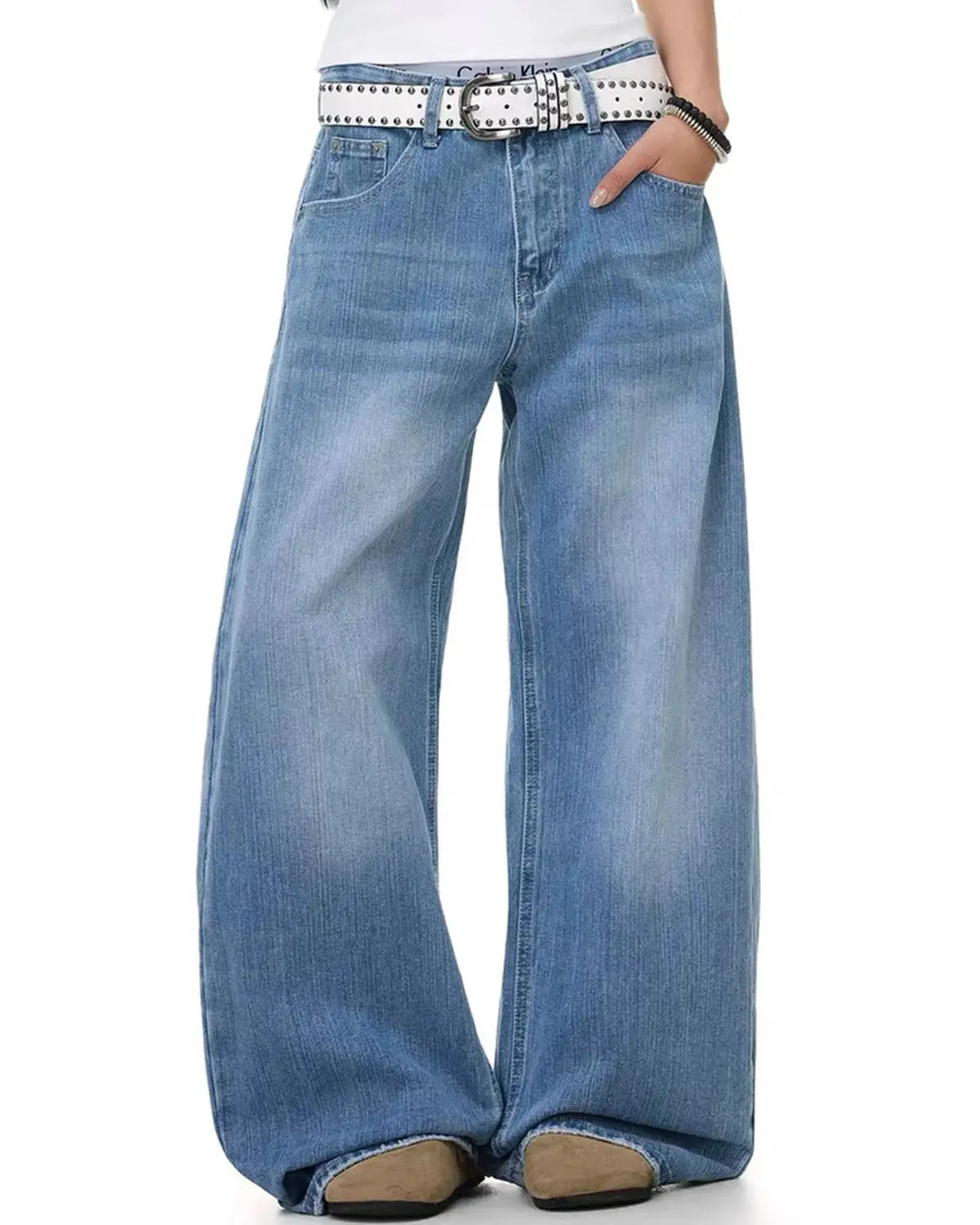 Blue Flation Cross Stud Bamboo Weave Baggy Jeans with relaxed fit and streetwear style, featuring distinctive bamboo-inspired design.
