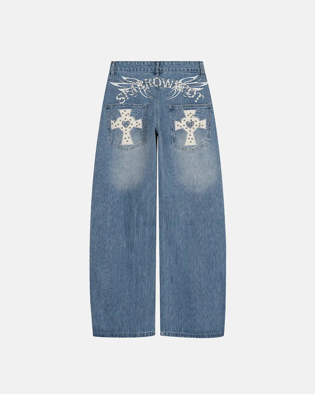 Blue Flation Cross Stud Bamboo Weave Baggy Jeans featuring a relaxed fit and streetwear style, with cross stud details.