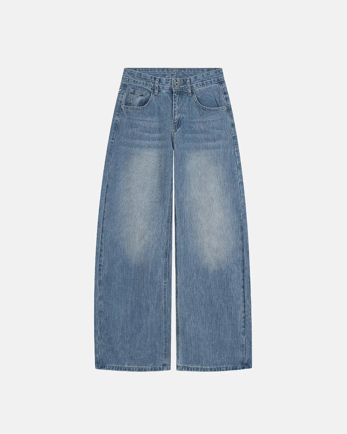 Blue Flation Cross Stud Bamboo Weave Baggy Jeans featuring relaxed fit and streetwear style, with cross stud accents.