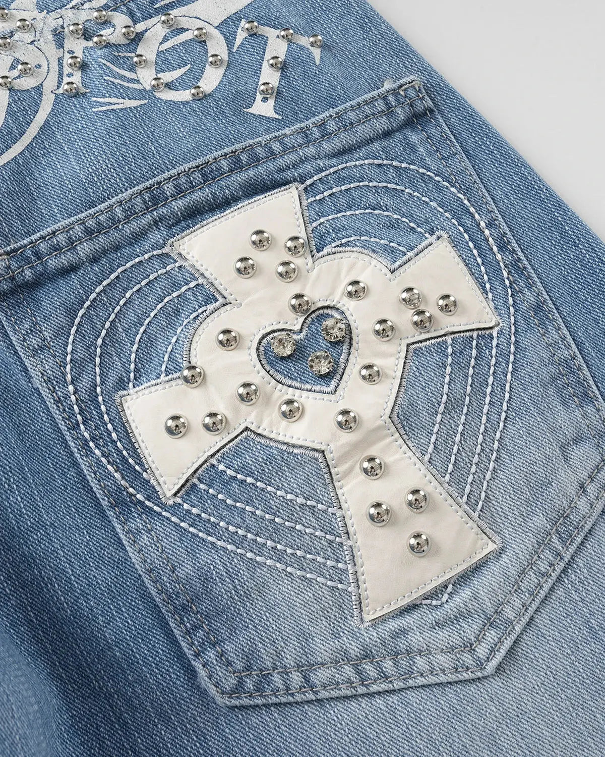 Flation Blue Cross Stud Bamboo Weave Baggy Jeans featuring relaxed fit and streetwear style with bamboo-inspired pattern.