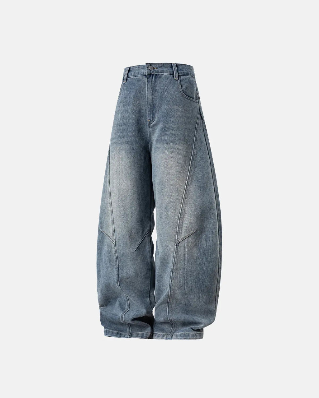 Light blue Flation Curved Seam Deconstructed Barrel Jeans with relaxed fit and streetwear style, shown on a model.