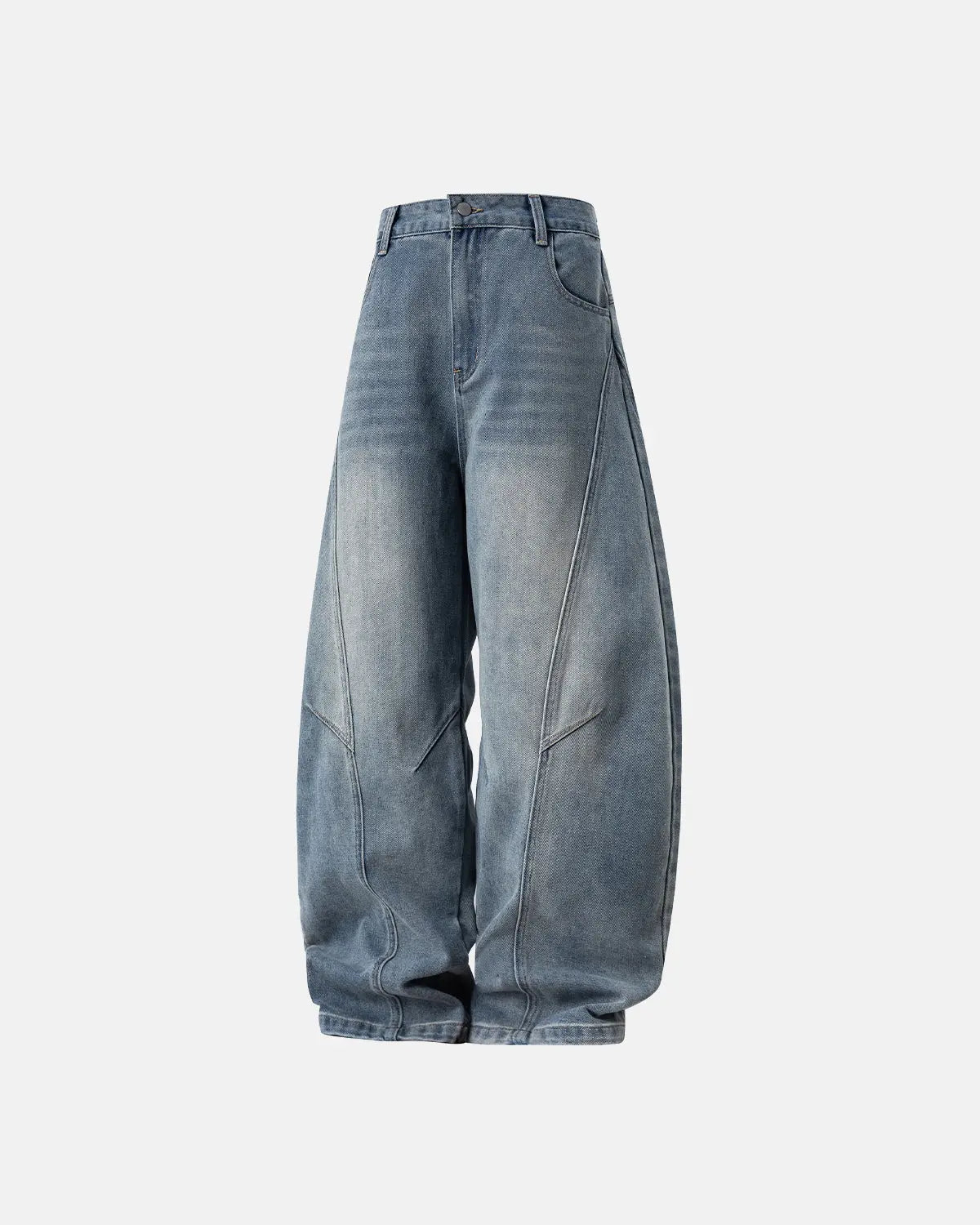Light blue Flation Curved Seam Deconstructed Barrel Jeans with relaxed fit and streetwear style, shown on a model.