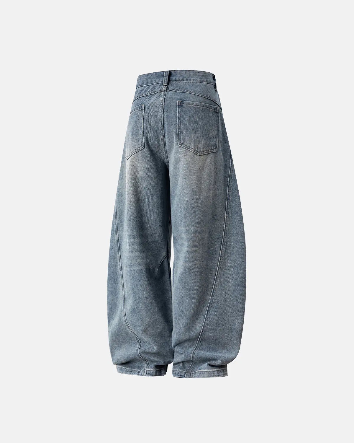 Blue Flation Curved Seam Deconstructed Barrel Jeans with streetwear style, featuring unique seam details and relaxed fit.