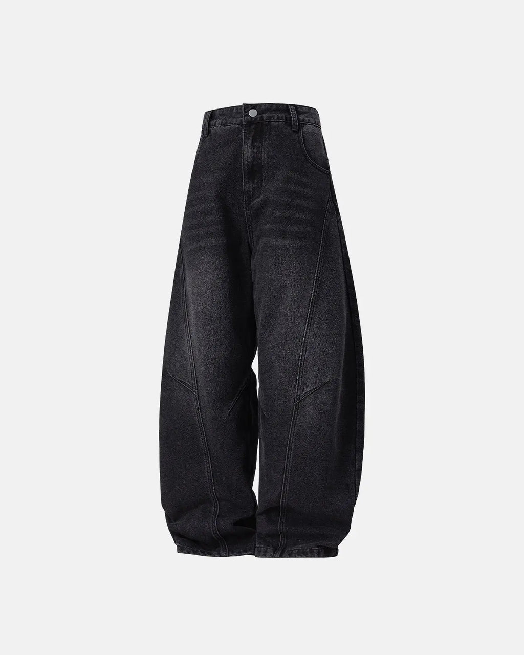 Blue Flation Curved Seam Deconstructed Barrel Jeans with streetwear style, featuring unique seam details and relaxed fit.