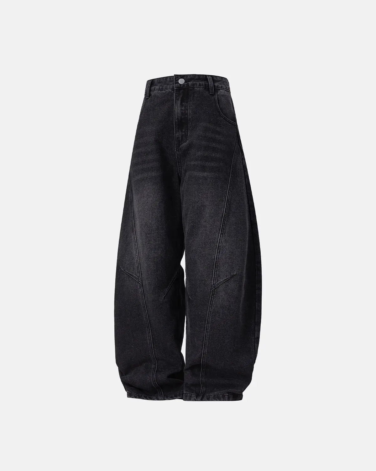 Blue Flation Curved Seam Deconstructed Barrel Jeans with streetwear style, featuring unique seam details and relaxed fit.