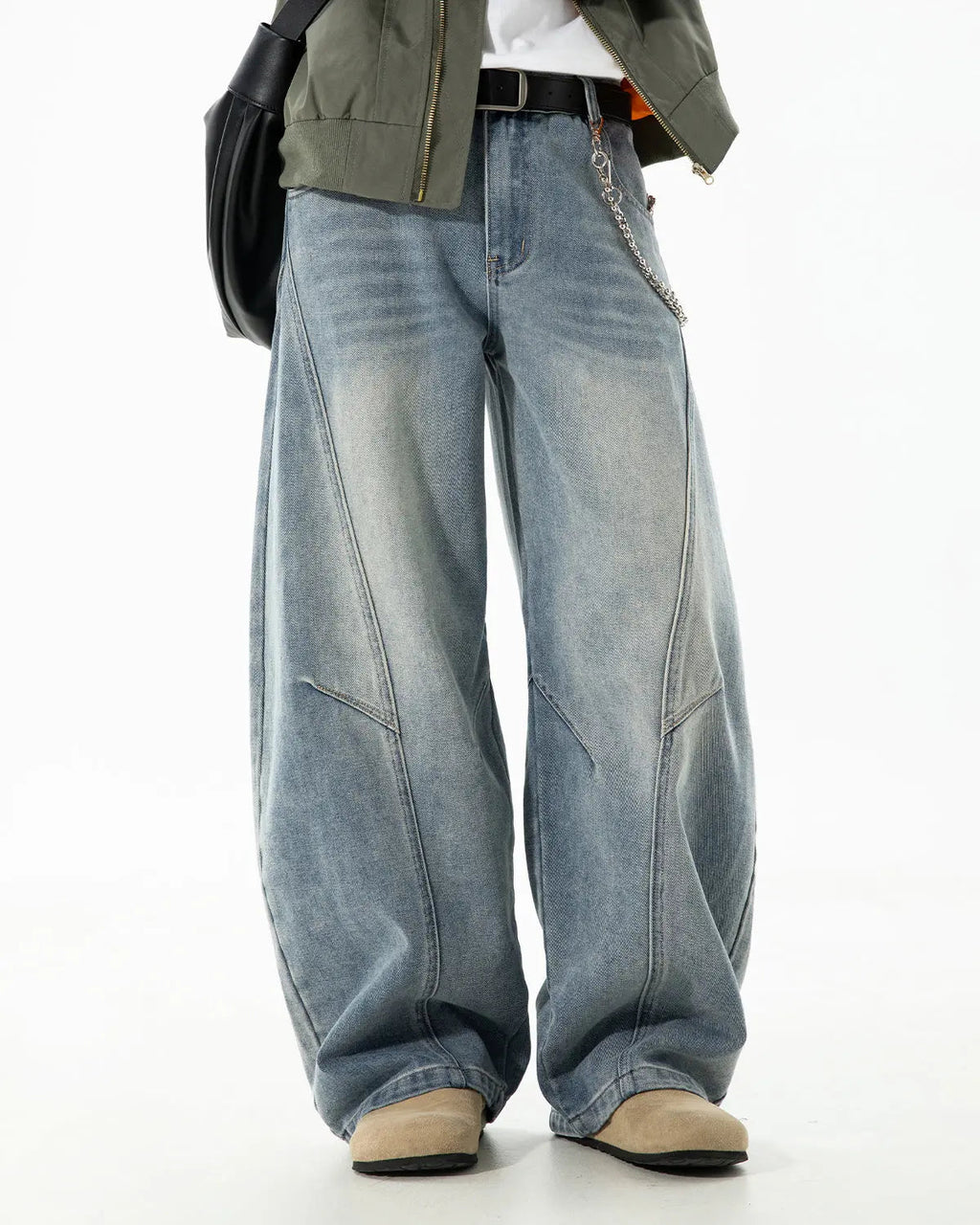 Blue Flation Curved Seam Deconstructed Barrel Jeans, streetwear style, featuring unique seam detailing and relaxed fit.