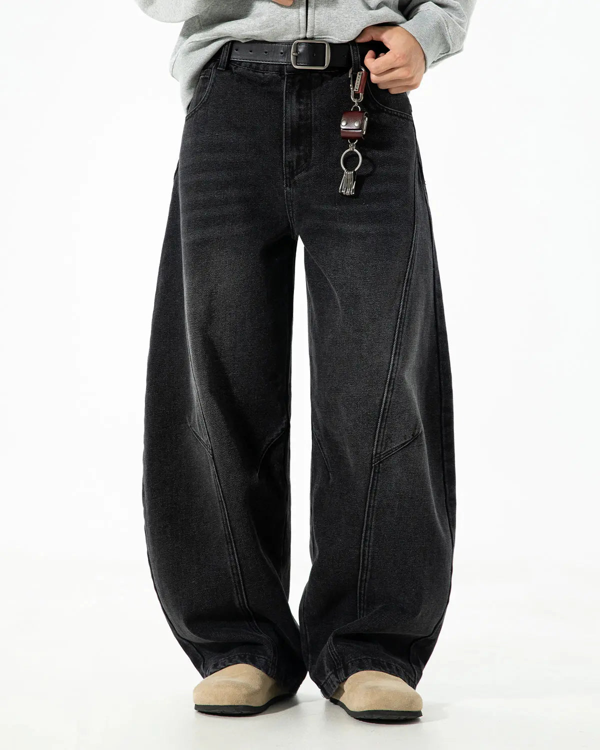 Blue Flation Curved Seam Deconstructed Barrel Jeans with streetwear style, featuring a relaxed fit and unique seam detailing.
