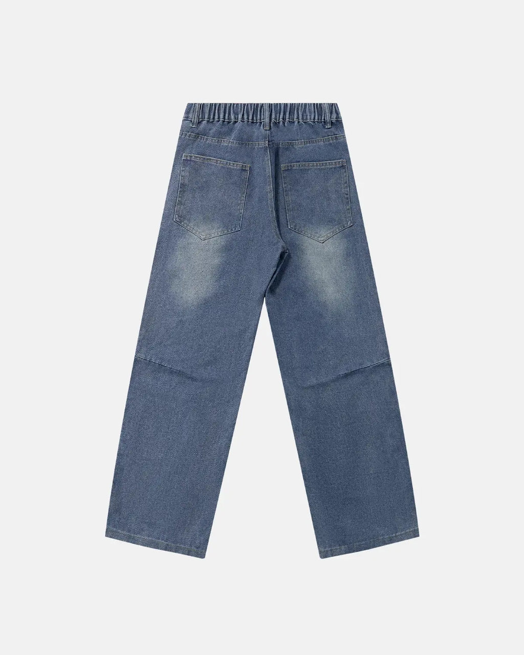Deconstructed baggy straight-leg jeans from INFLATION featuring distressed details and relaxed fit, displayed on a hanger.