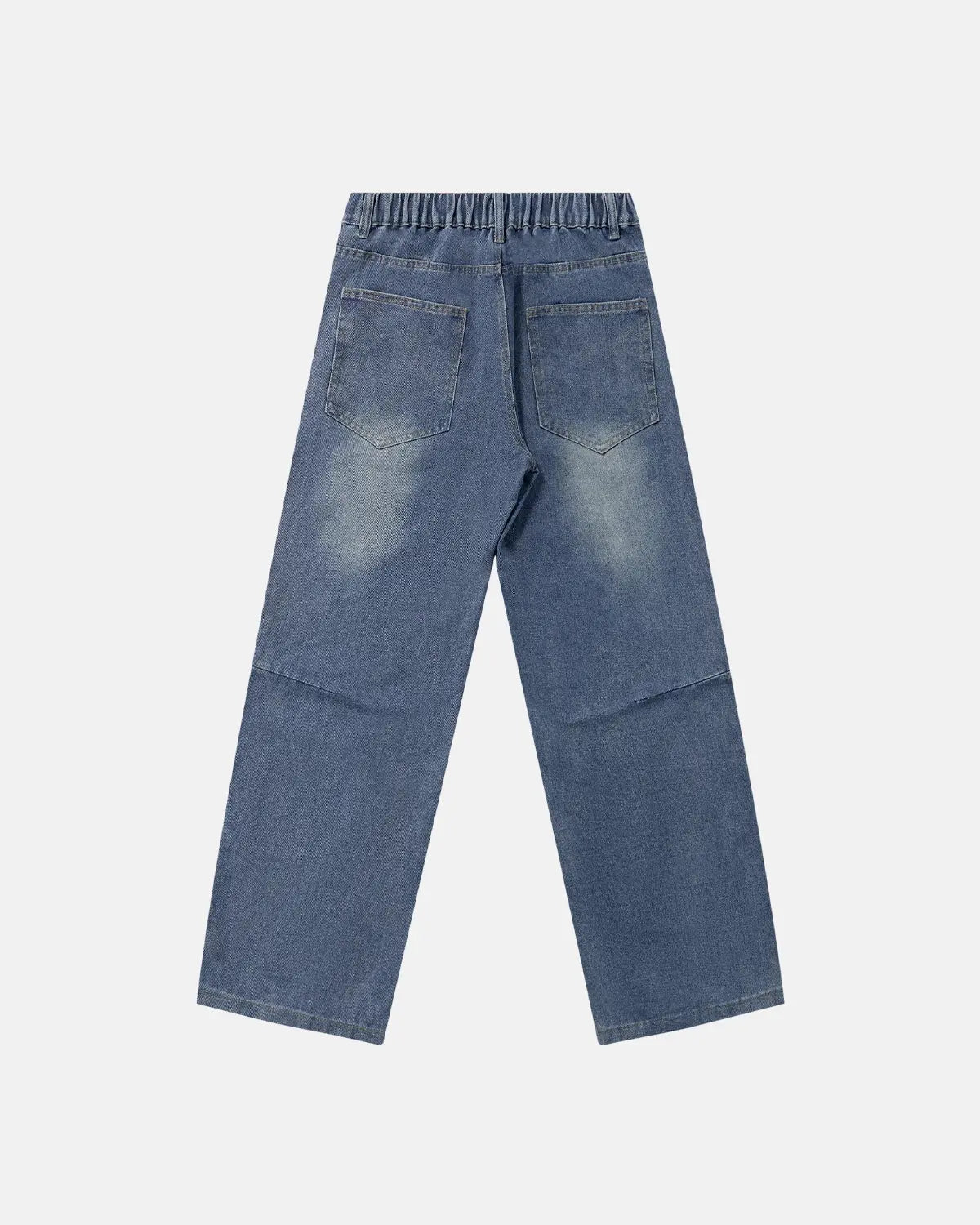 Deconstructed baggy straight-leg jeans from INFLATION featuring distressed details and relaxed fit, displayed on a hanger.