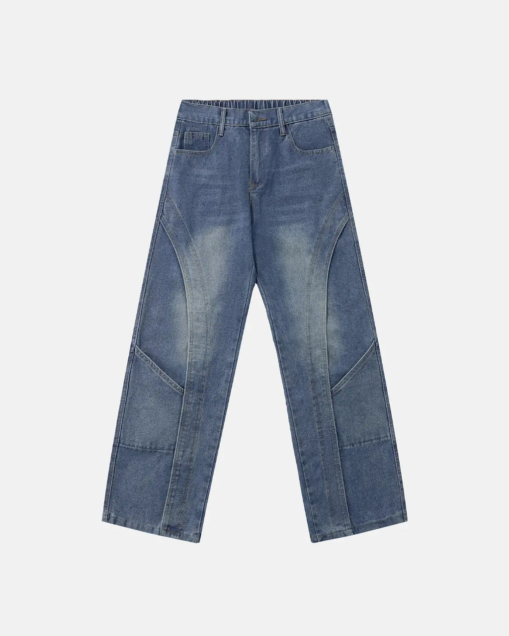 Deconstructed baggy straight-leg jeans by INFLATION, featuring relaxed fit and distressed denim, displayed on a neutral background.