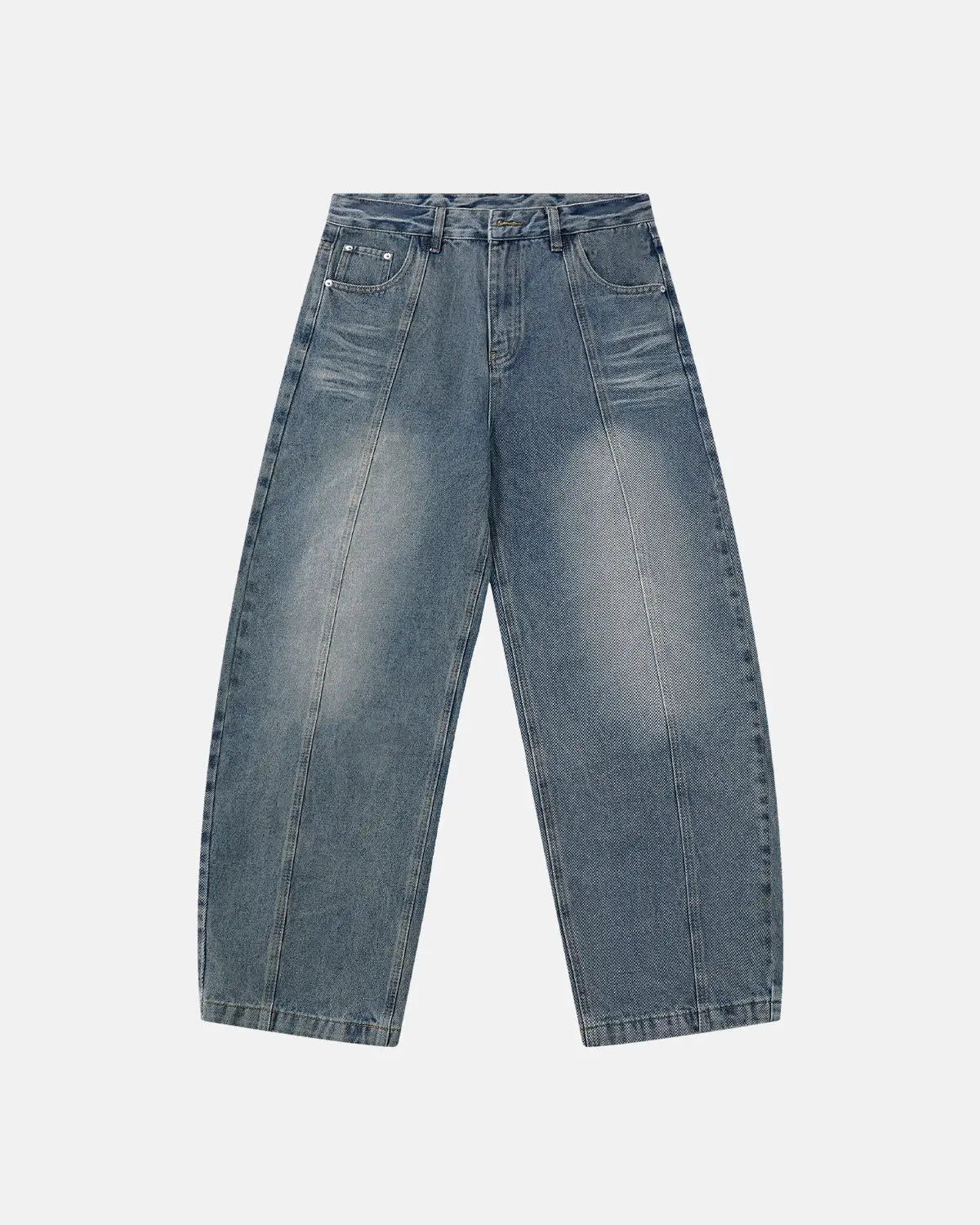 Light blue Flation Deconstructed Washed Barrel Jeans with distressed details and relaxed fit, showing front and side view.