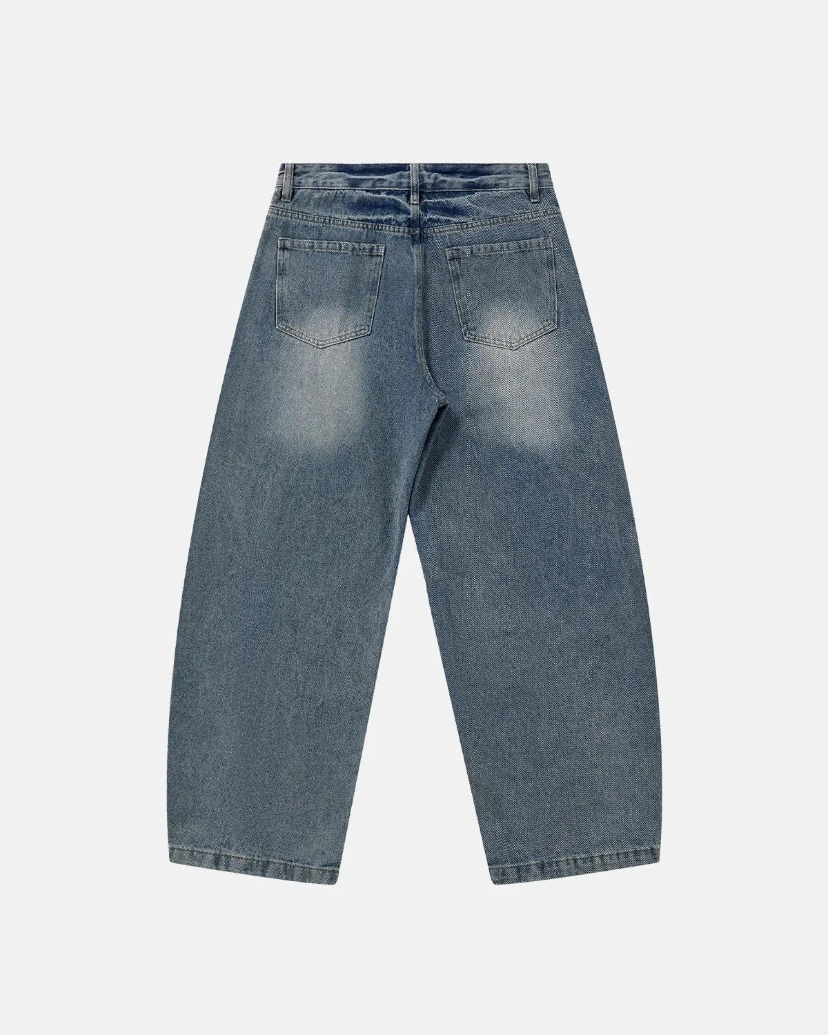 Blue Flation Streetwear deconstructed washed barrel jeans with distressed details and relaxed fit, showcasing casual denim style.